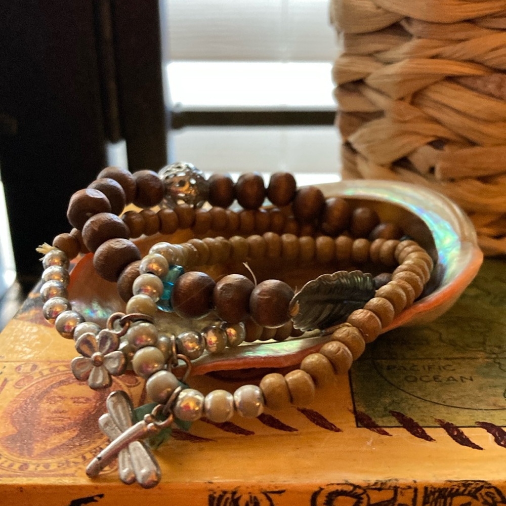 Set of 3 Vintage Brown Wooden Boho Ankle Bracelets with Charms